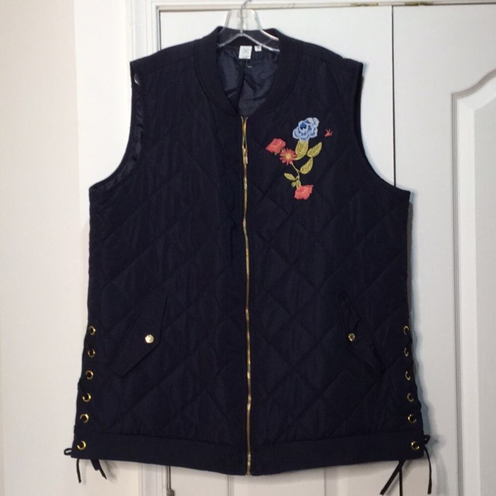 Artisan NY 3x navy quilted floral detail vest nwot